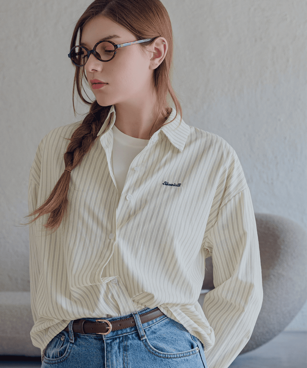 슬로우롤리(SLOWLOLLI) Pinstripe long back shirt_2 Colors