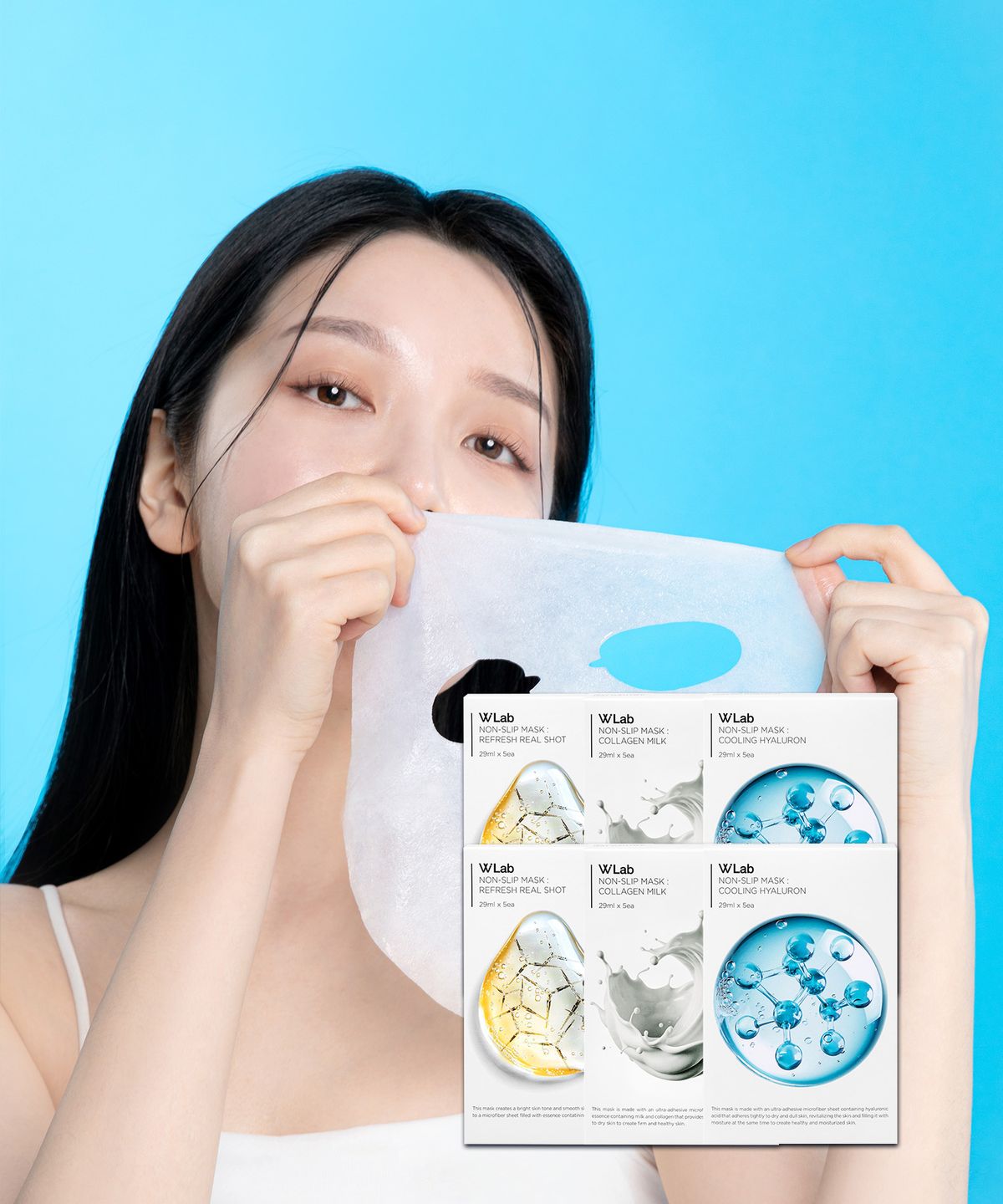 더블유랩(WLAB) [총 30매] 논슬립 마스크팩 3종 골라담기(쿨링 히알루론산/콜라겐 우유/리프레시 리얼샷)