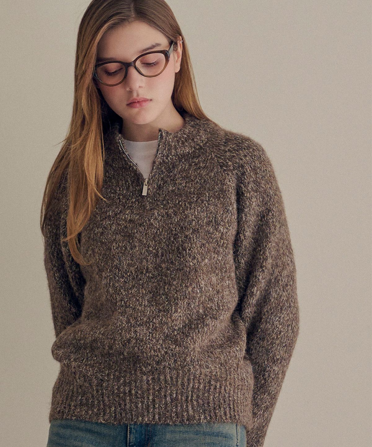 슬로우롤리(SLOWLOLLI) Boucle half zip knit_3 Colors