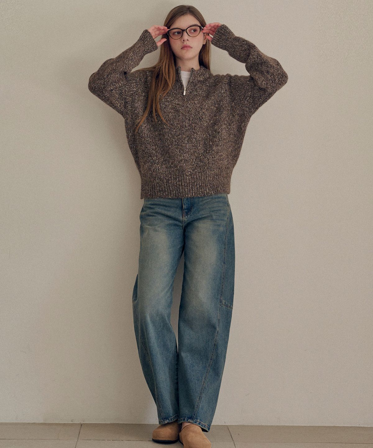 슬로우롤리(SLOWLOLLI) Boucle half zip knit_3 Colors
