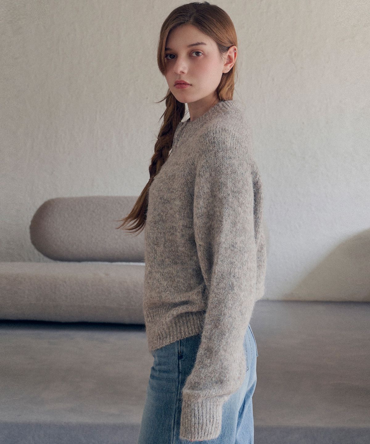 슬로우롤리(SLOWLOLLI) Boucle half zip knit_3 Colors
