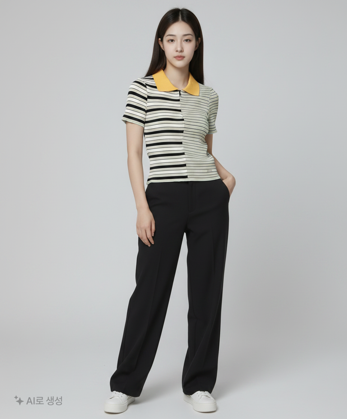 게스(GUESS) 백 슬릿 스트라이프 반팔 카라 스웨터_SUZY YN2S1661 XS