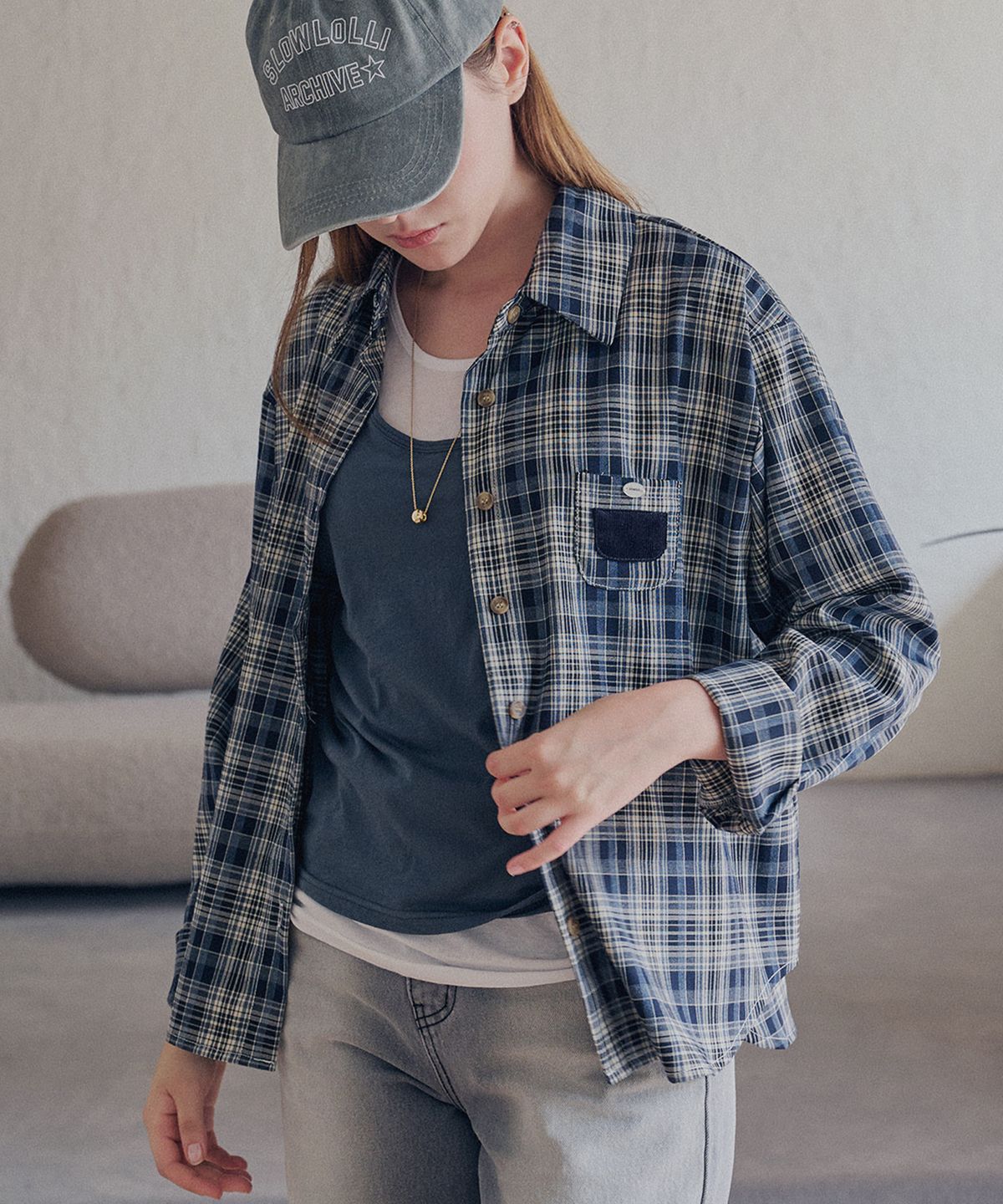 슬로우롤리(SLOWLOLLI) Check pocket shirt_2 Colors