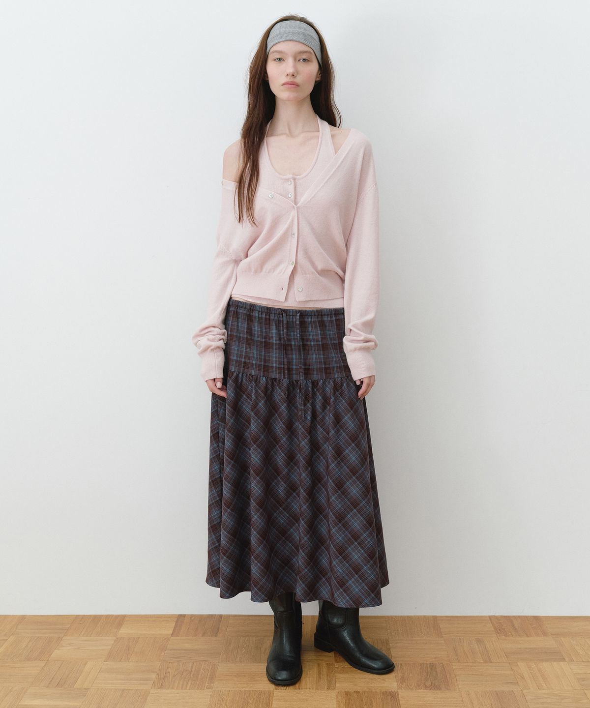 로라로라(ROLAROLA) CHECK SHIRRING LONG SKIRT BLUE