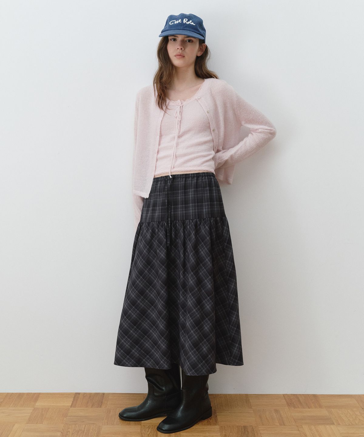 로라로라(ROLAROLA) CHECK SHIRRING LONG SKIRT DEEP GRAY