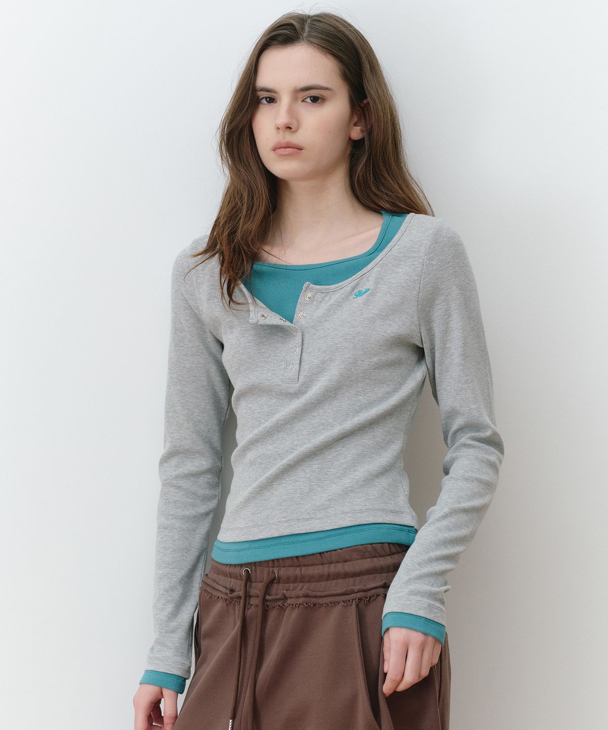 로라로라(ROLAROLA) LAYERED HENRYNECK LONG SLEEVE M/GY+TE/GR