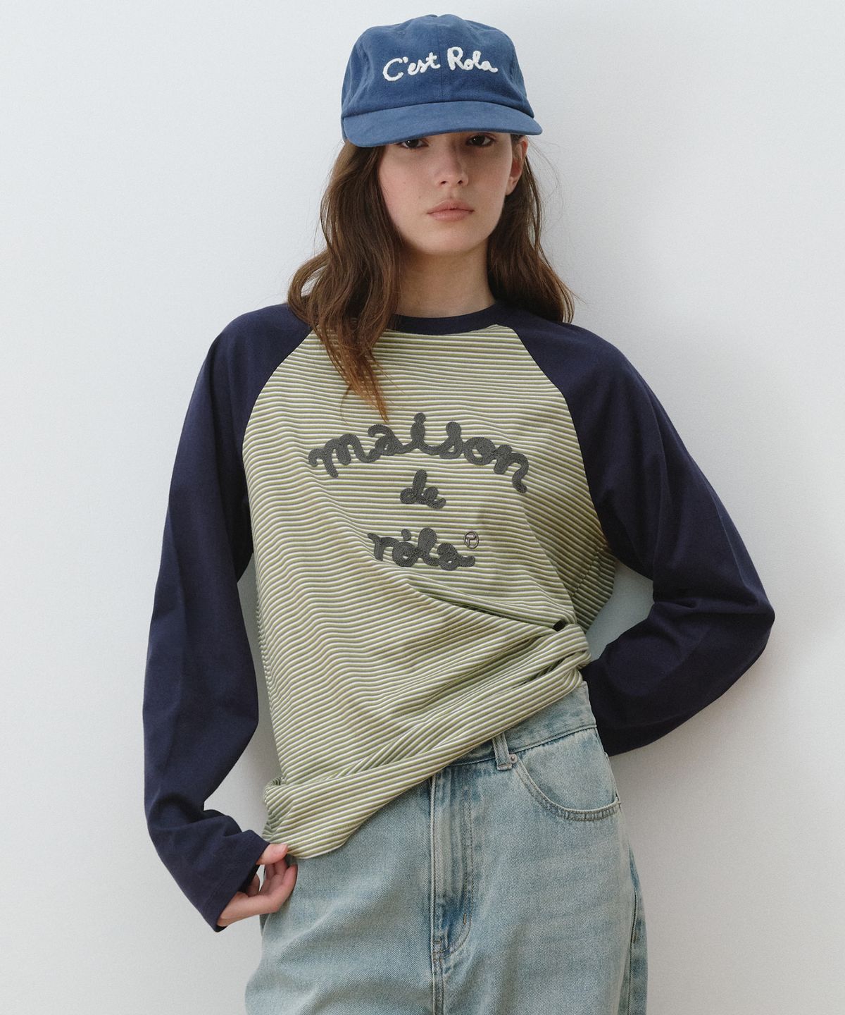 로라로라(ROLAROLA) MAISON DE ROLA EMBROIDERY STRIPE LONG SLEEVE L/GR+NV