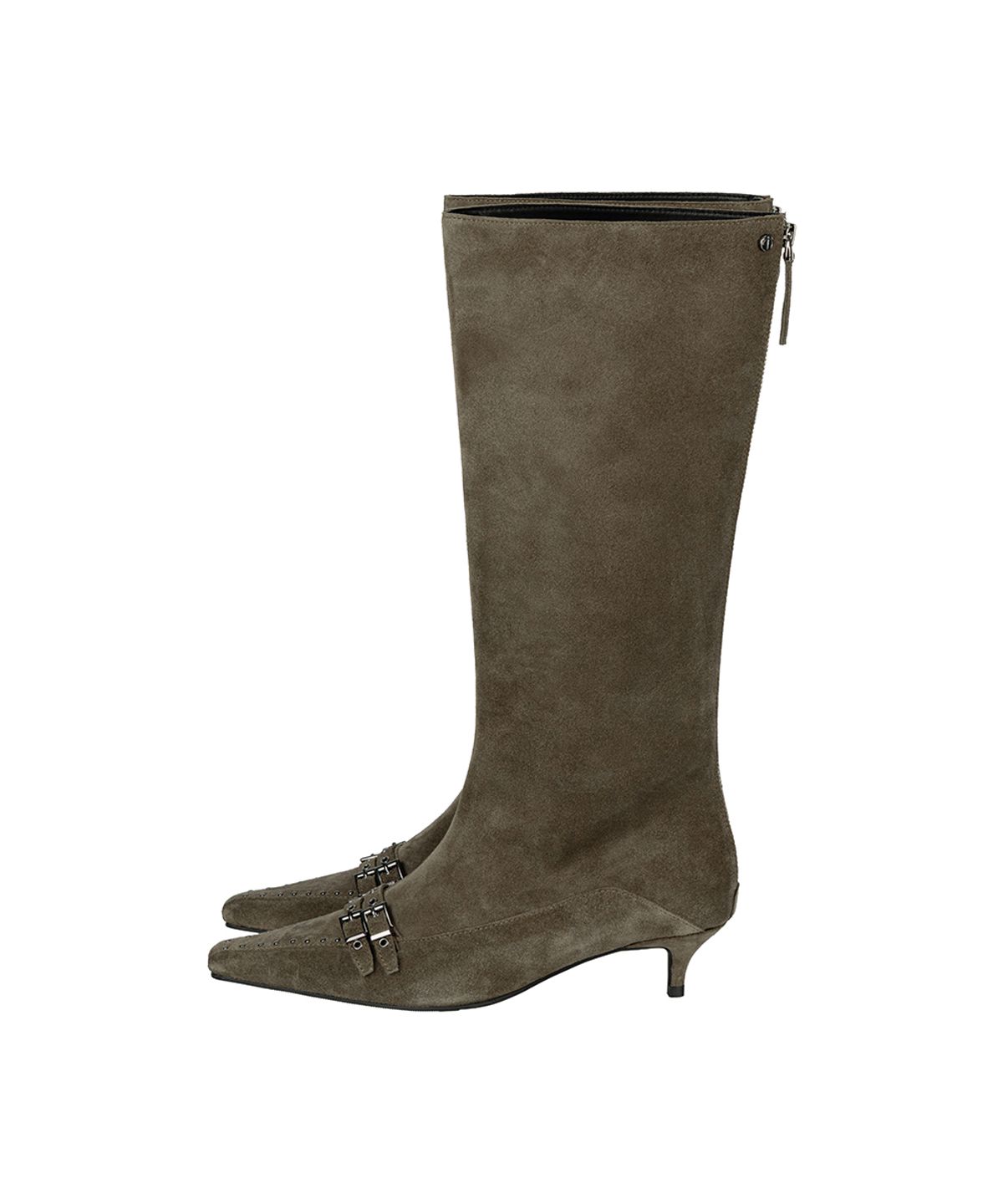 트리밍버드(TREEMINGBIRD) Double-Belted Studded Long Boots [ Khaki ]