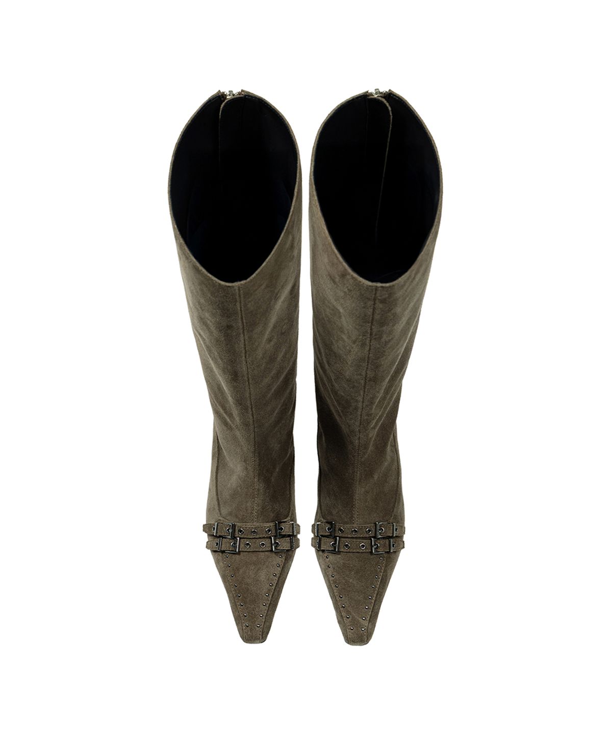 트리밍버드(TREEMINGBIRD) Double-Belted Studded Long Boots [ Khaki ]