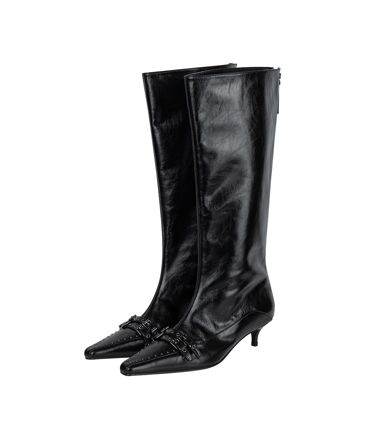 트리밍버드(TREEMINGBIRD) Double-Belted Studded Long Boots [ Black ]