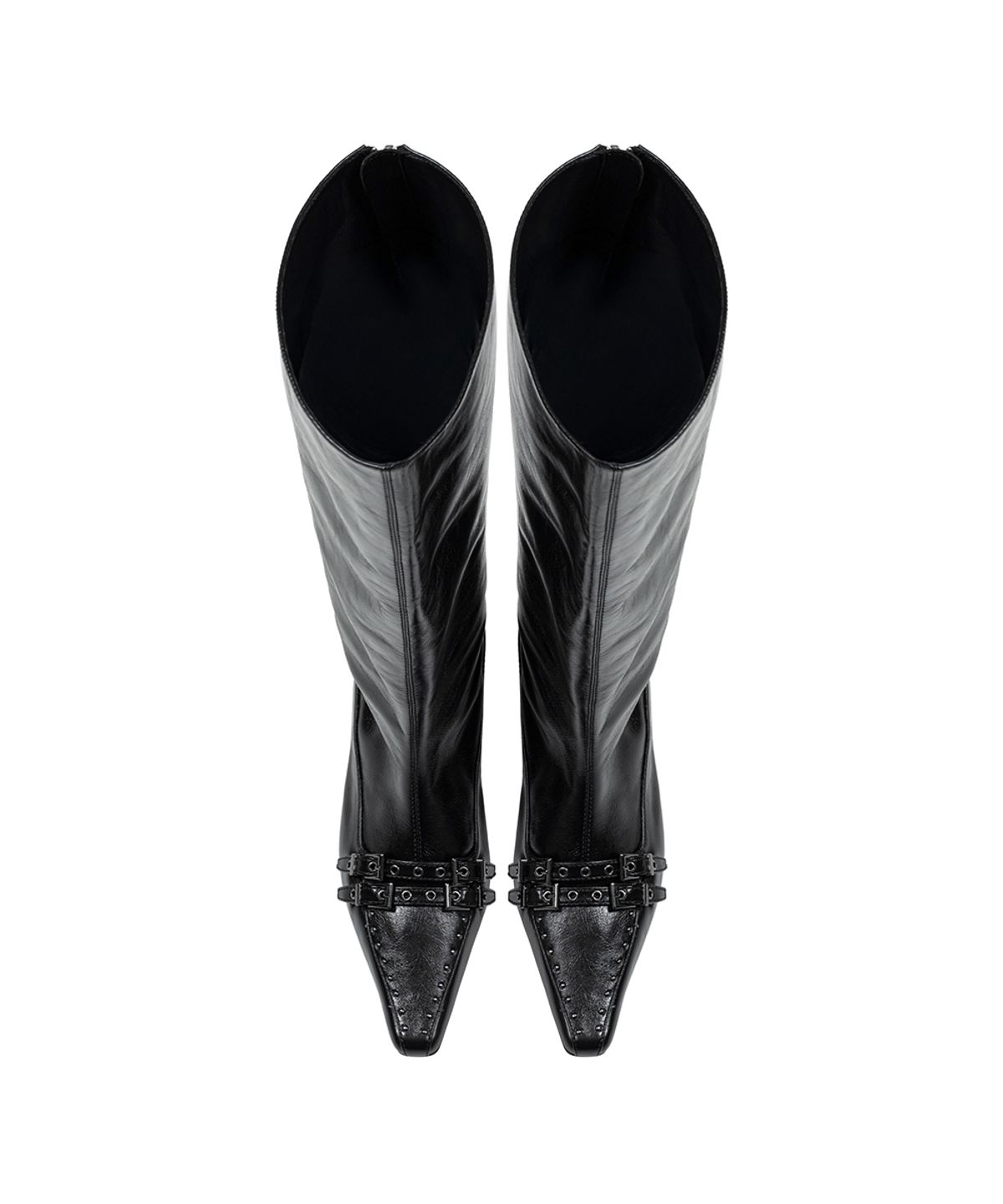 트리밍버드(TREEMINGBIRD) Double-Belted Studded Long Boots [ Black ]