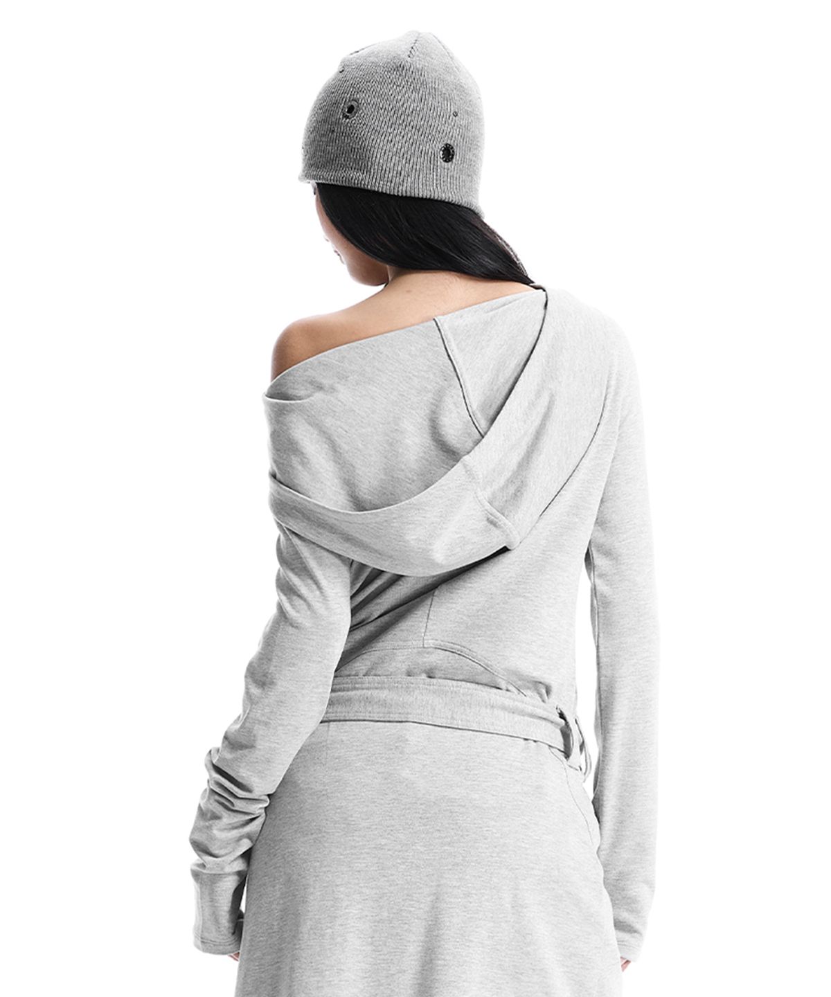 트리밍버드(TREEMINGBIRD) Hooded One-Shoulder Maxi Dress [ Melange Gray ]