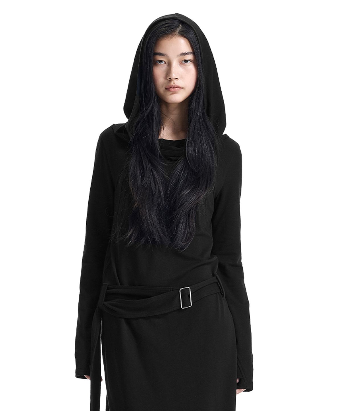 트리밍버드(TREEMINGBIRD) Hooded One-Shoulder Maxi Dress [ Black ]