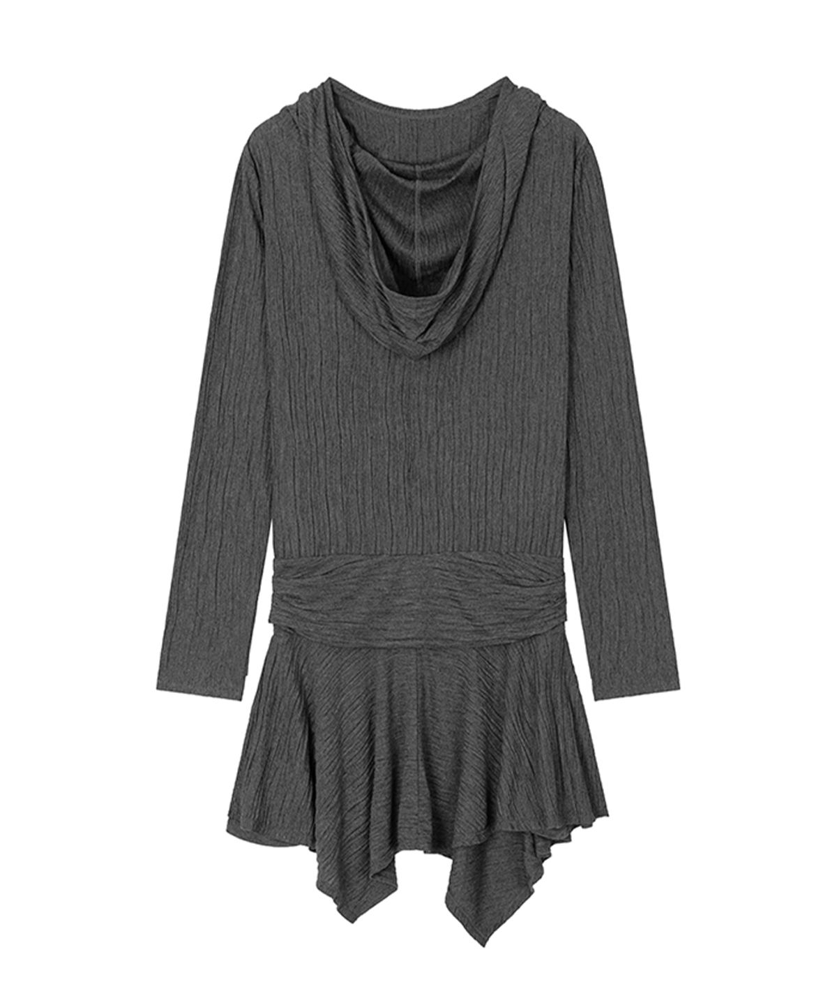 트리밍버드(TREEMINGBIRD) Crinkle Draped Hooded Long Sleeve Dress [ Charcoal ]
