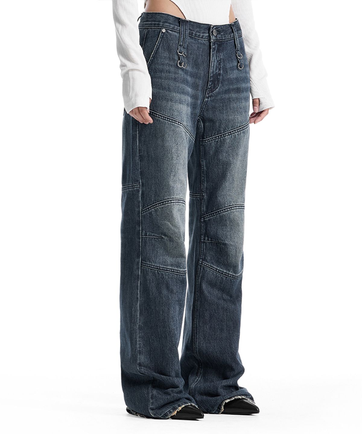 트리밍버드(TREEMINGBIRD) Low-Rise Moto Paneled Bootcut Denim [ Blue ]