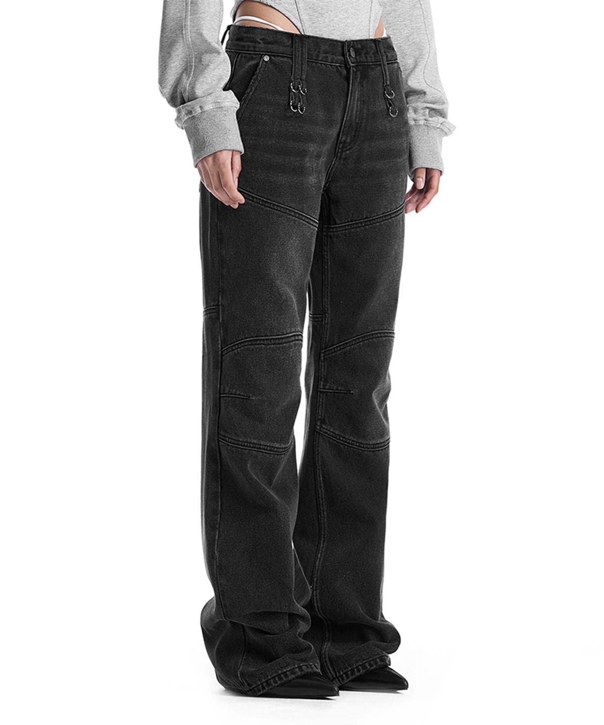 트리밍버드(TREEMINGBIRD) Low-Rise Moto Paneled Bootcut Denim [ Black ]