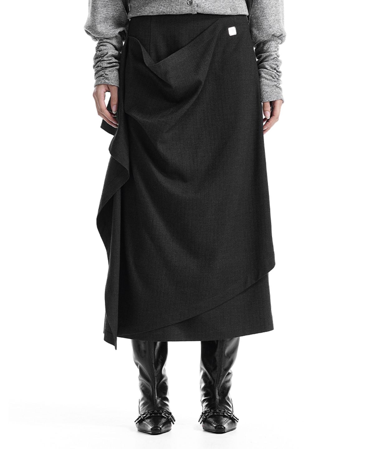 트리밍버드(TREEMINGBIRD) Layered Overlay Set-Up Skirt [ Charcoal ]