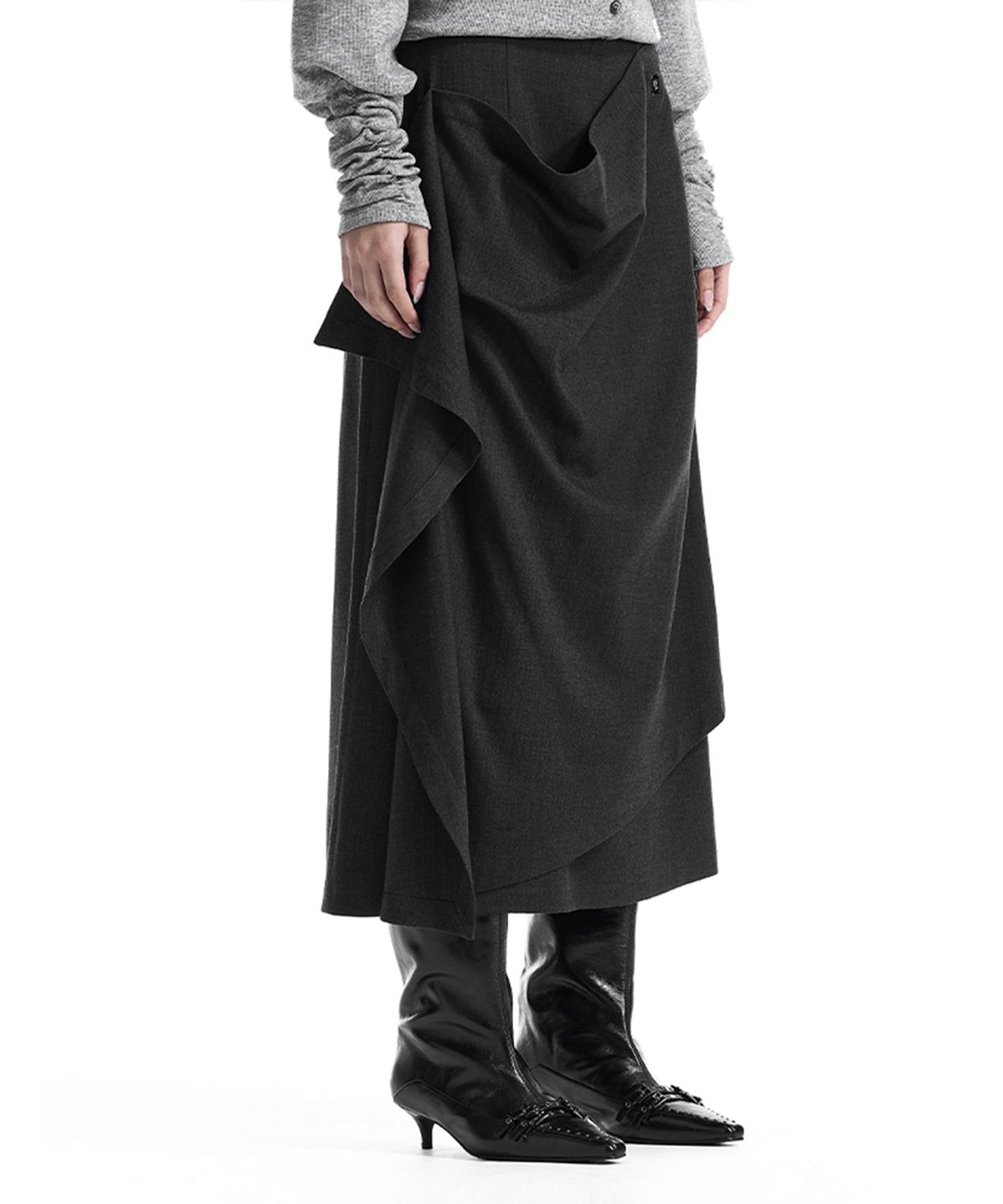 트리밍버드(TREEMINGBIRD) Layered Overlay Set-Up Skirt [ Charcoal ]