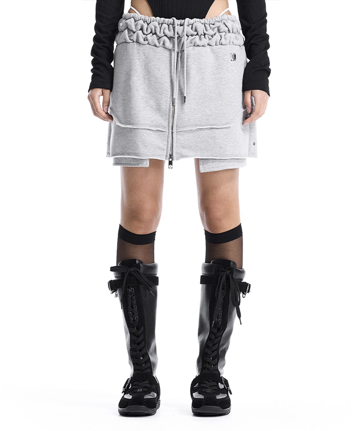트리밍버드(TREEMINGBIRD) Front Zip Layered Jersey Mini Skirt [ Melange Gray ]