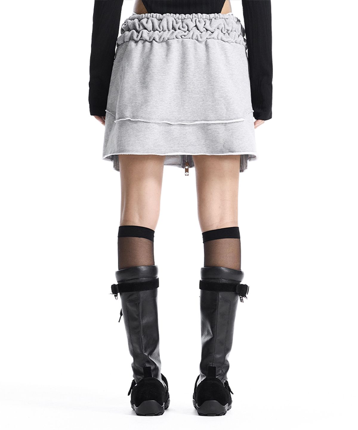 트리밍버드(TREEMINGBIRD) Front Zip Layered Jersey Mini Skirt [ Melange Gray ]
