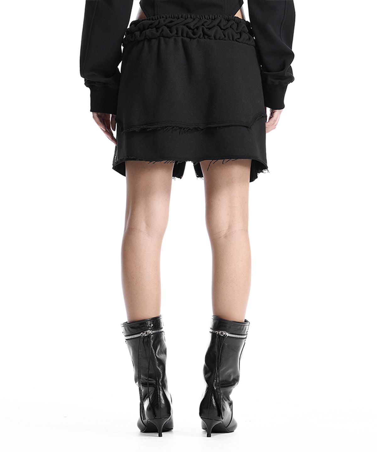 트리밍버드(TREEMINGBIRD) Front Zip Layered Jersey Mini Skirt [ Black ]