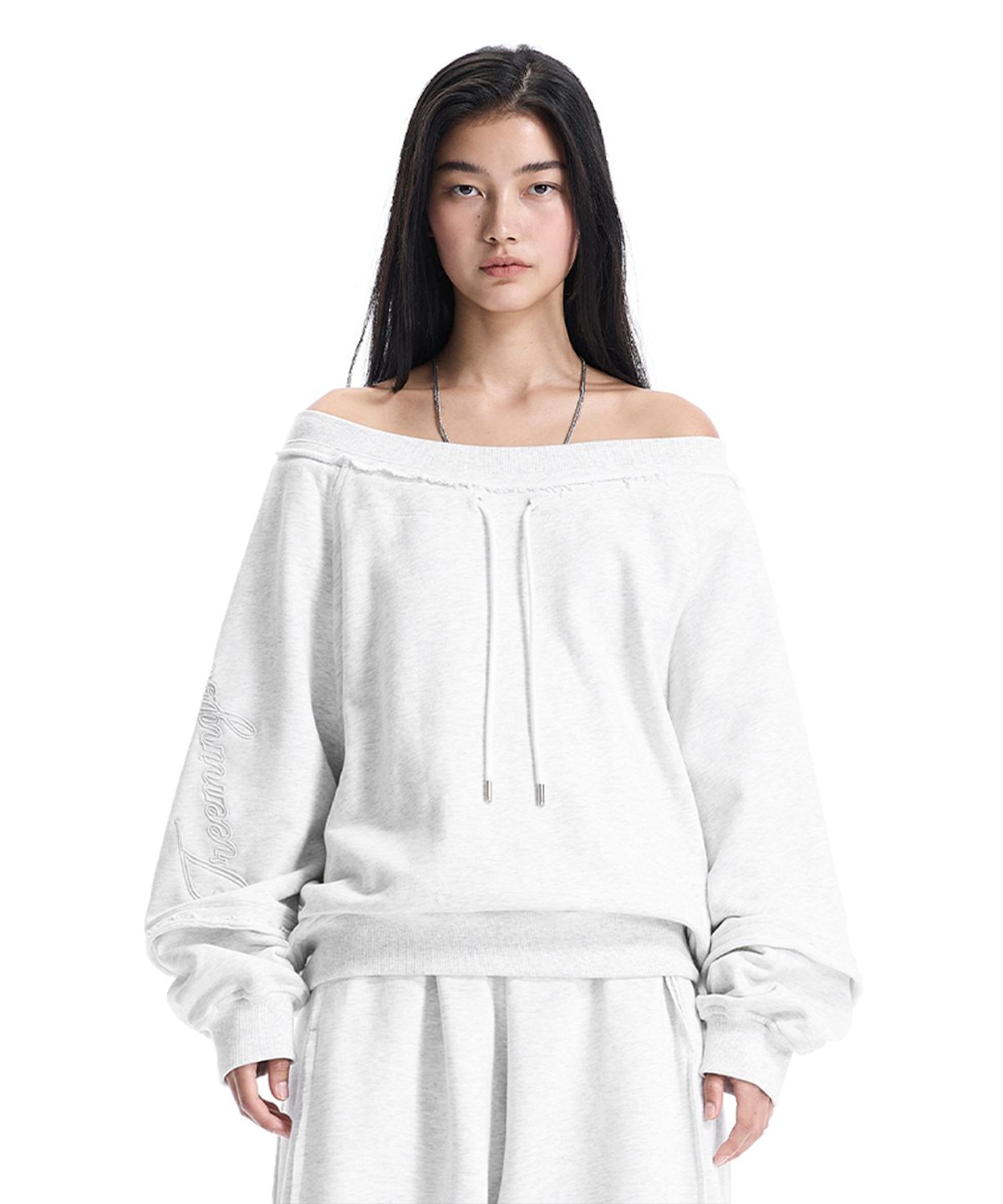 트리밍버드(TREEMINGBIRD) Lettering Off-Shoulder Set-Up Sweat Shirts [ Light Gray ]