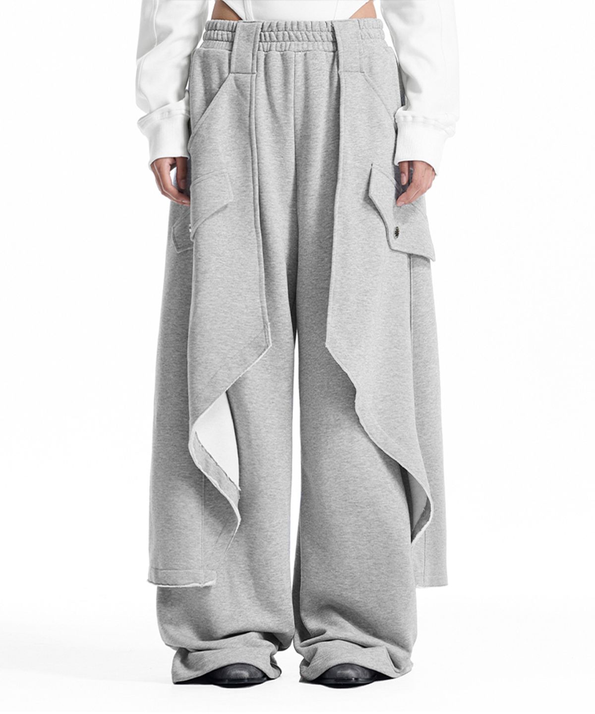 트리밍버드(TREEMINGBIRD) Raw-Edge Layered Sweat Pants [ Melange Gray ]