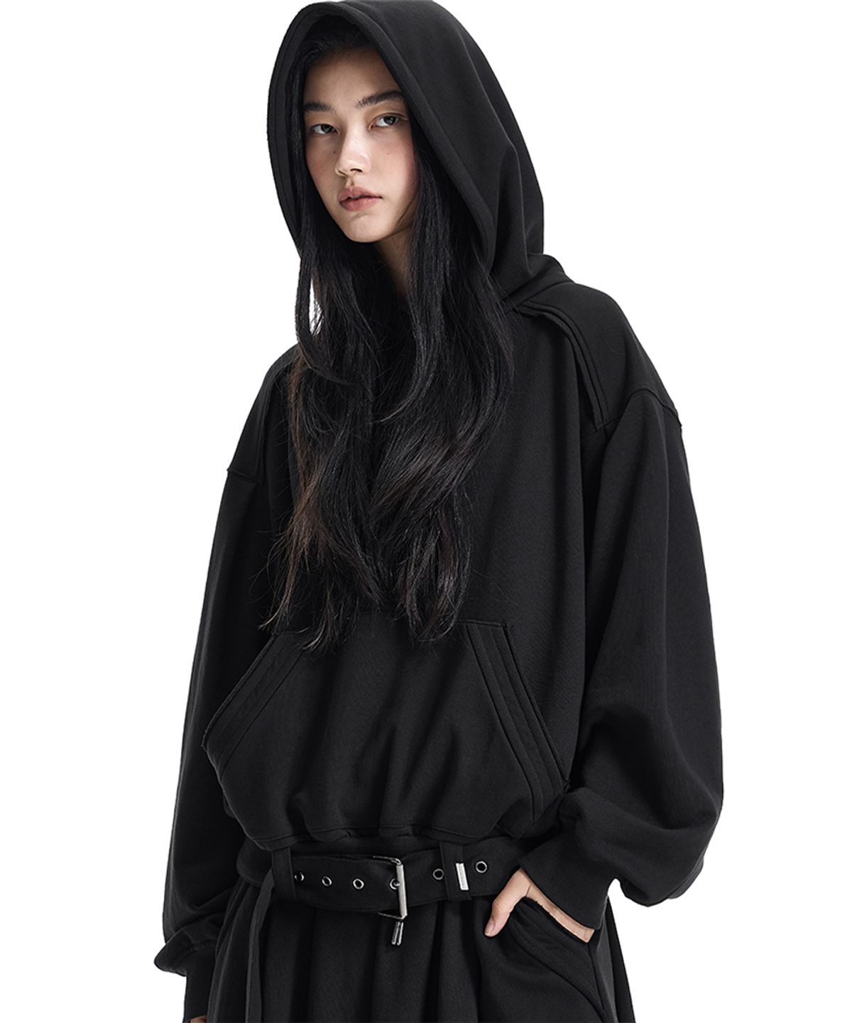 트리밍버드(TREEMINGBIRD) Raw-Edge Belted Set-Up Hoodie [ Black ]