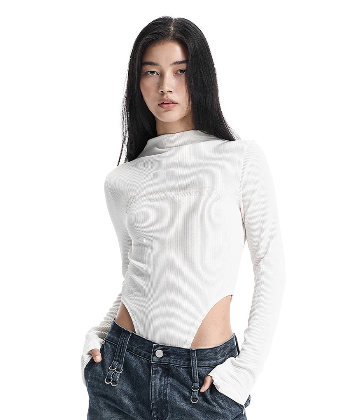 트리밍버드(TREEMINGBIRD) Script Logo Mock Neck Bodysuit [ Ivory ]