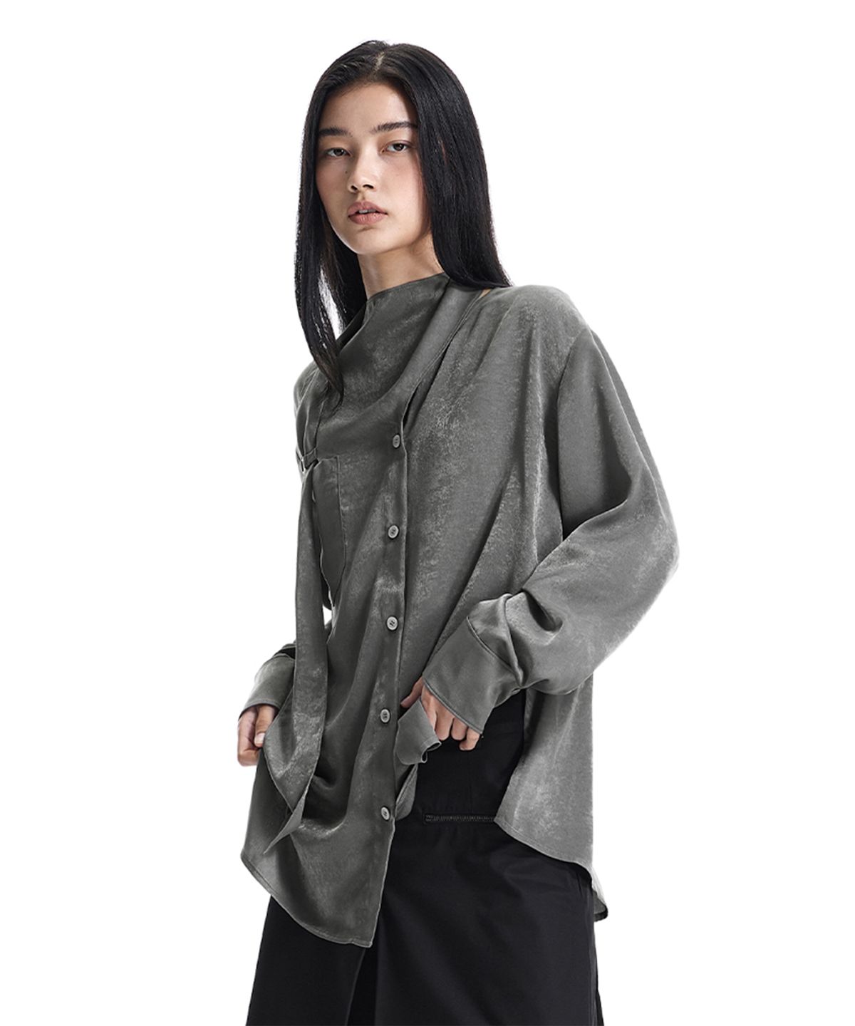 트리밍버드(TREEMINGBIRD) Asymmetric Scarf Blouse [ Charcoal ]