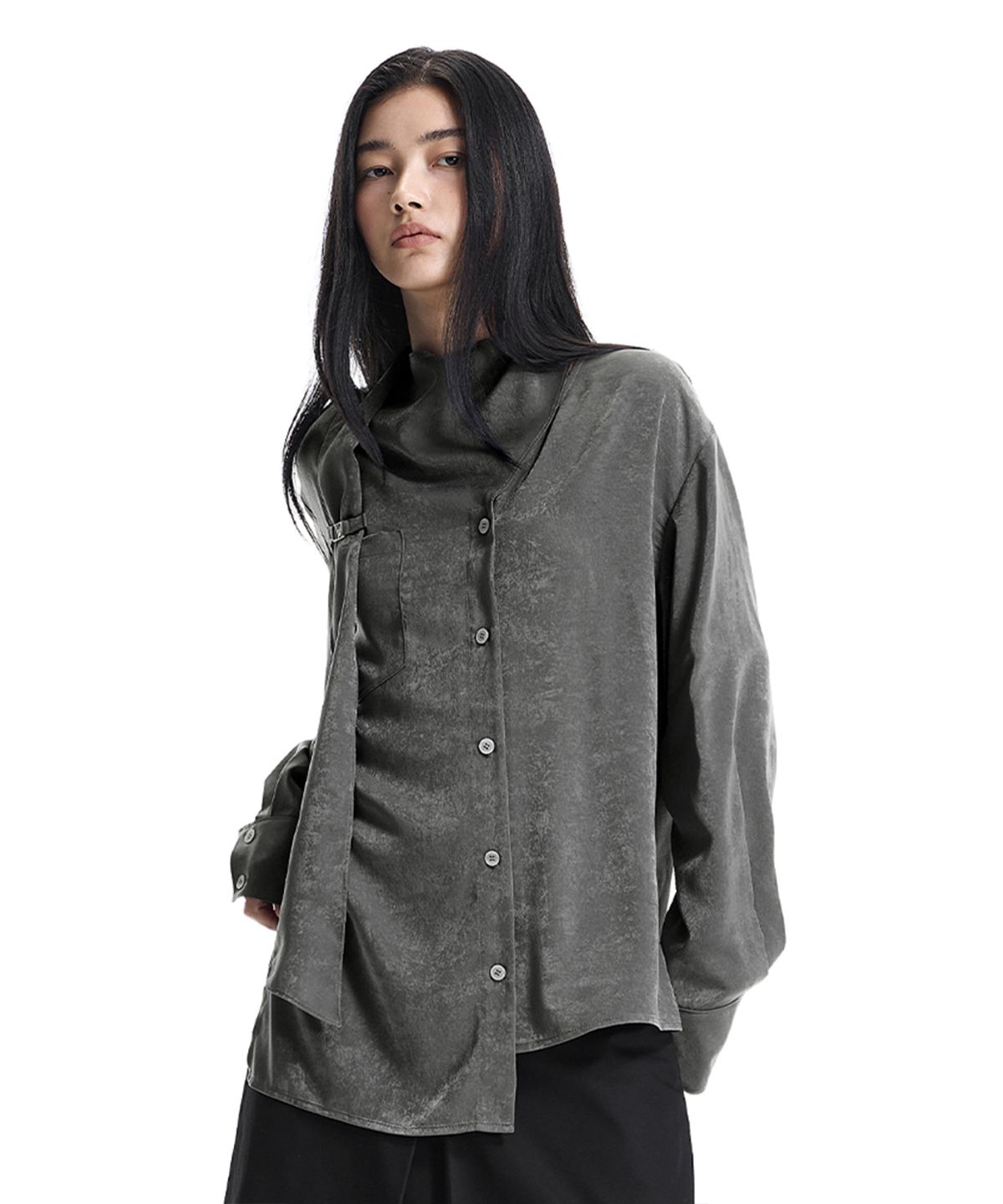 트리밍버드(TREEMINGBIRD) Asymmetric Scarf Blouse [ Charcoal ]