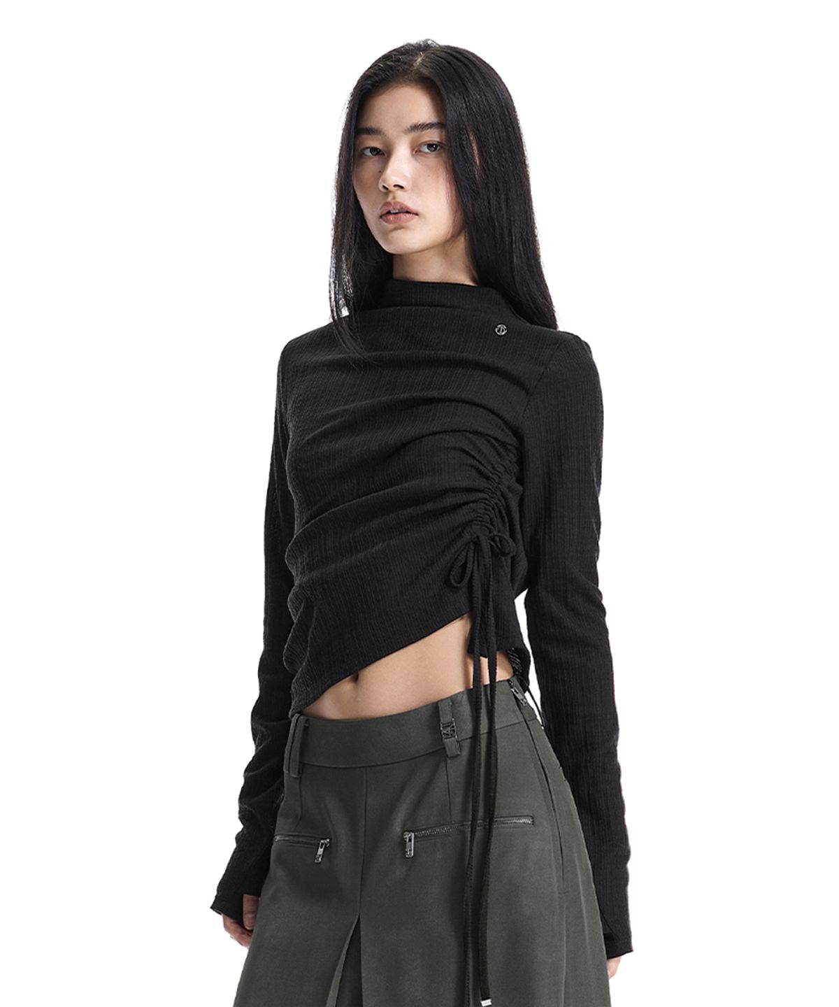 트리밍버드(TREEMINGBIRD) String Ribbed Mock Neck Long Sleeve T-Shirt [ Black ]