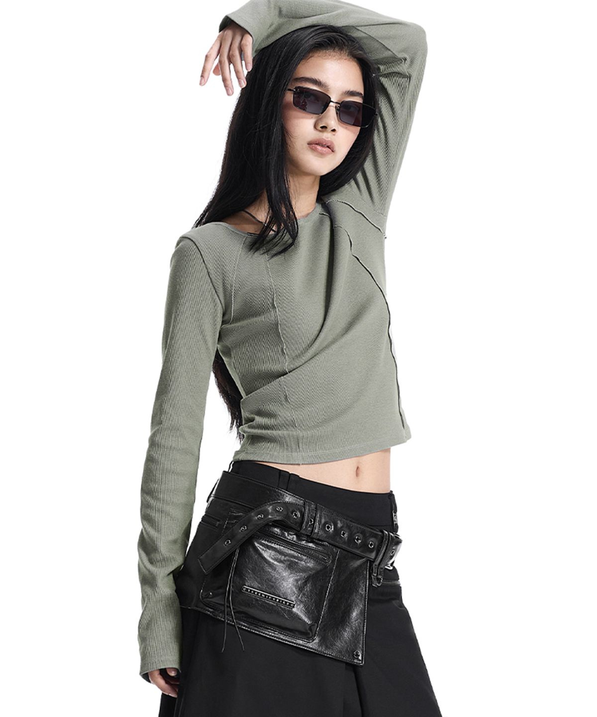 트리밍버드(TREEMINGBIRD) Pigment-Washed Raw Edge Boat Neck T-Shirt [ Khaki ]
