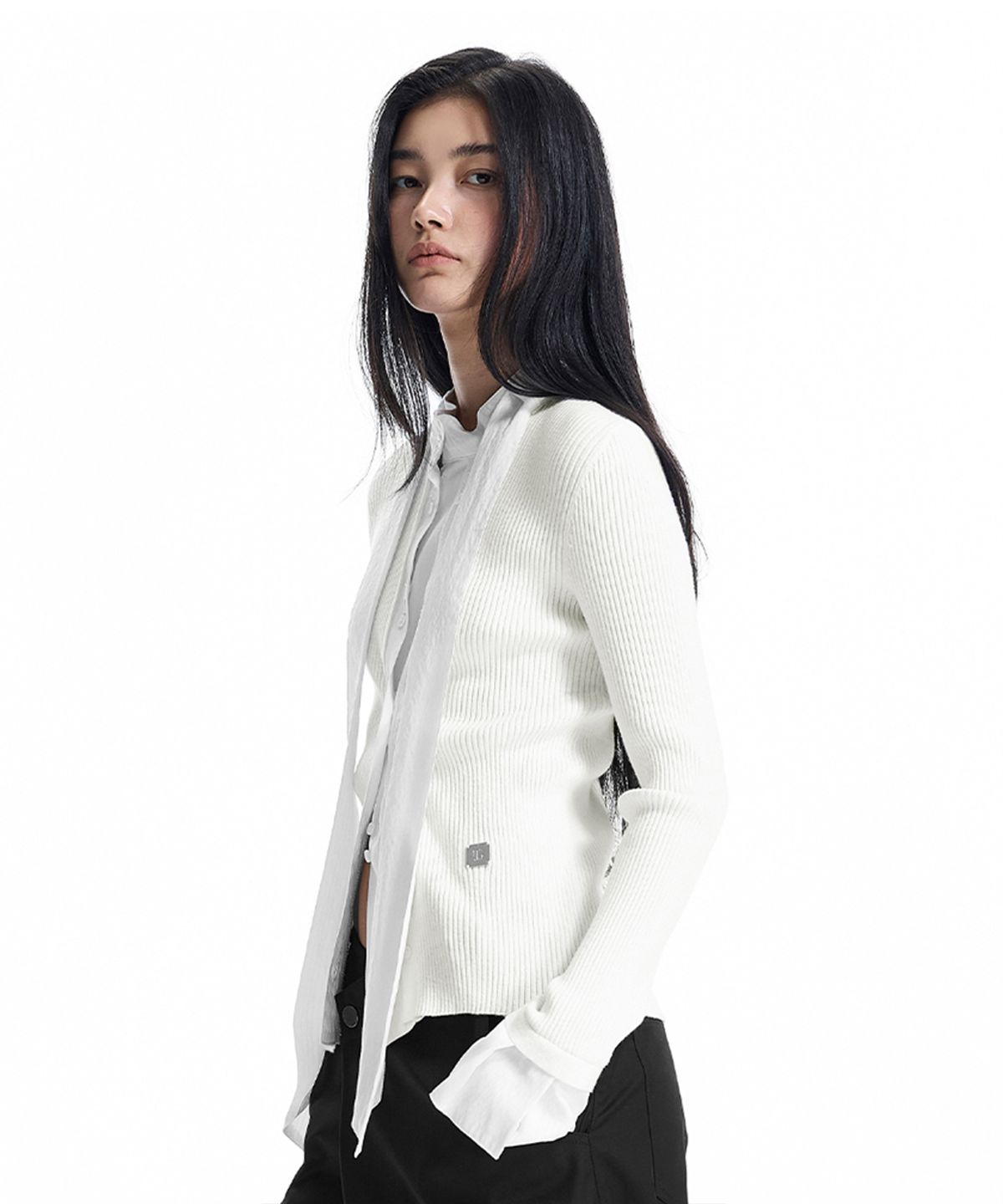 트리밍버드(TREEMINGBIRD) Fabric-Combo Scarf Knit Cardigan [ White ]