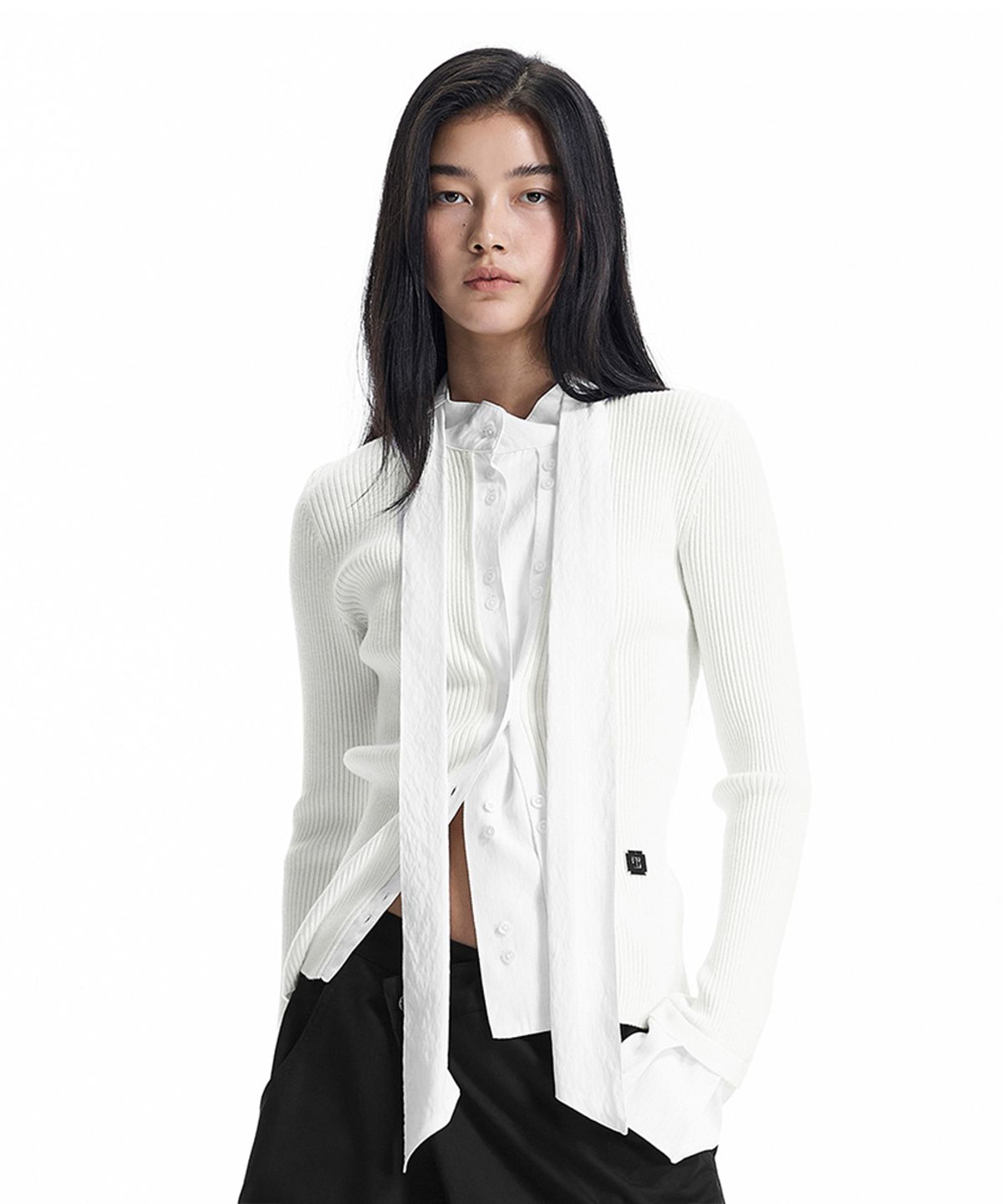 트리밍버드(TREEMINGBIRD) Fabric-Combo Scarf Knit Cardigan [ White ]