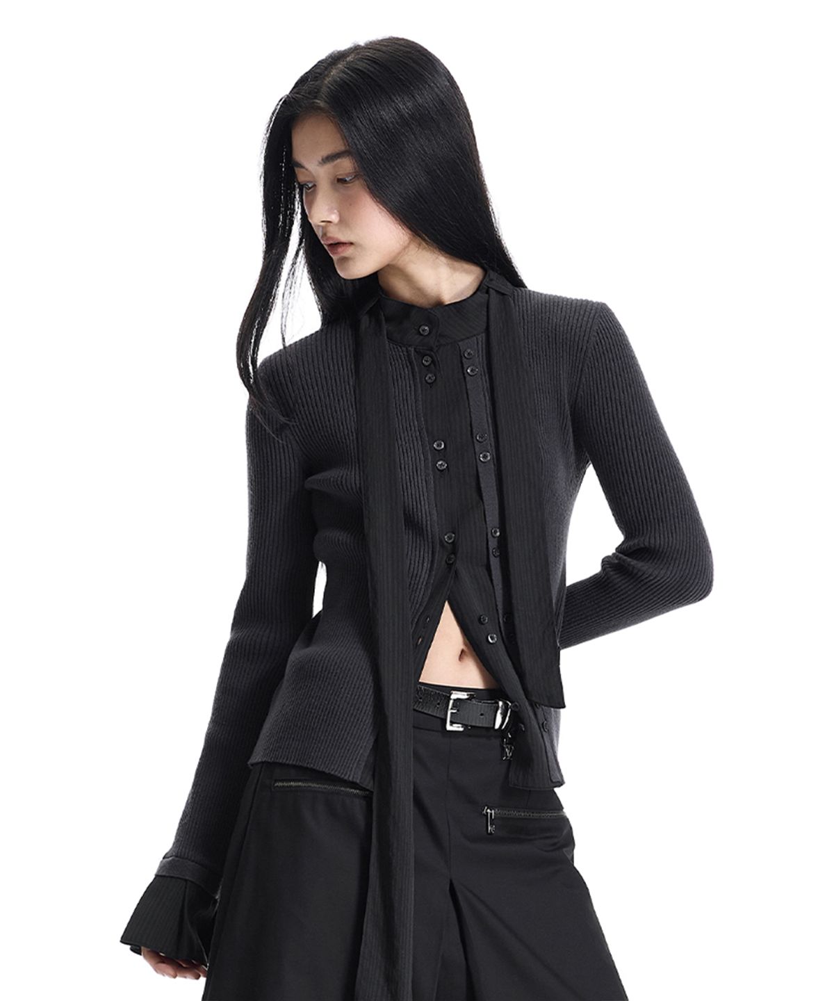 트리밍버드(TREEMINGBIRD) Fabric-Combo Scarf Knit Cardigan [ Black ]