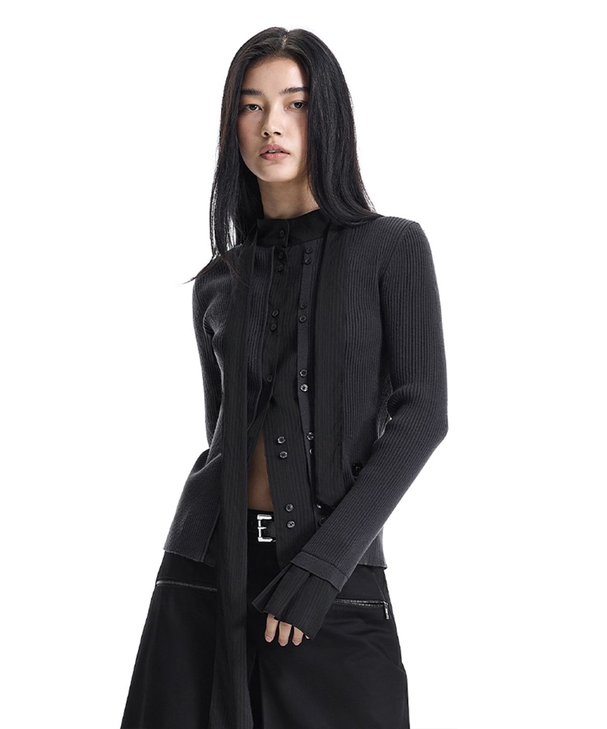 트리밍버드(TREEMINGBIRD) Fabric-Combo Scarf Knit Cardigan [ Black ]