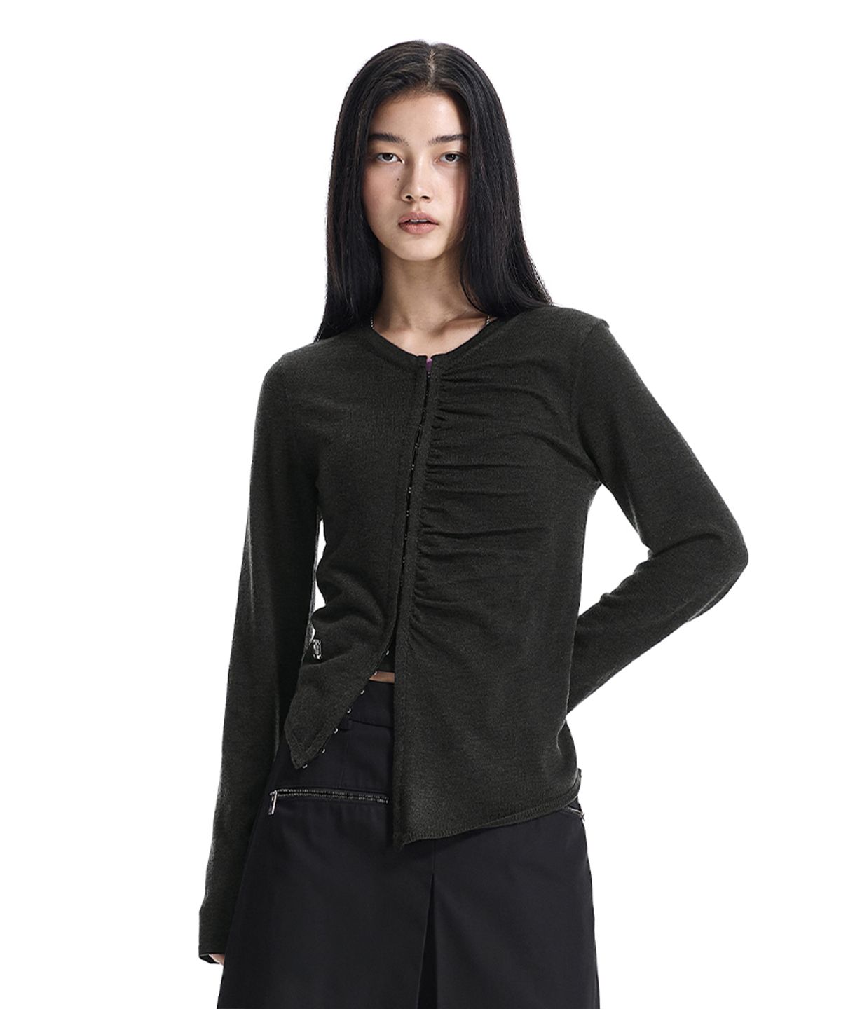 트리밍버드(TREEMINGBIRD) Hook-Detail Shirred Cardigan [ Khaki ]