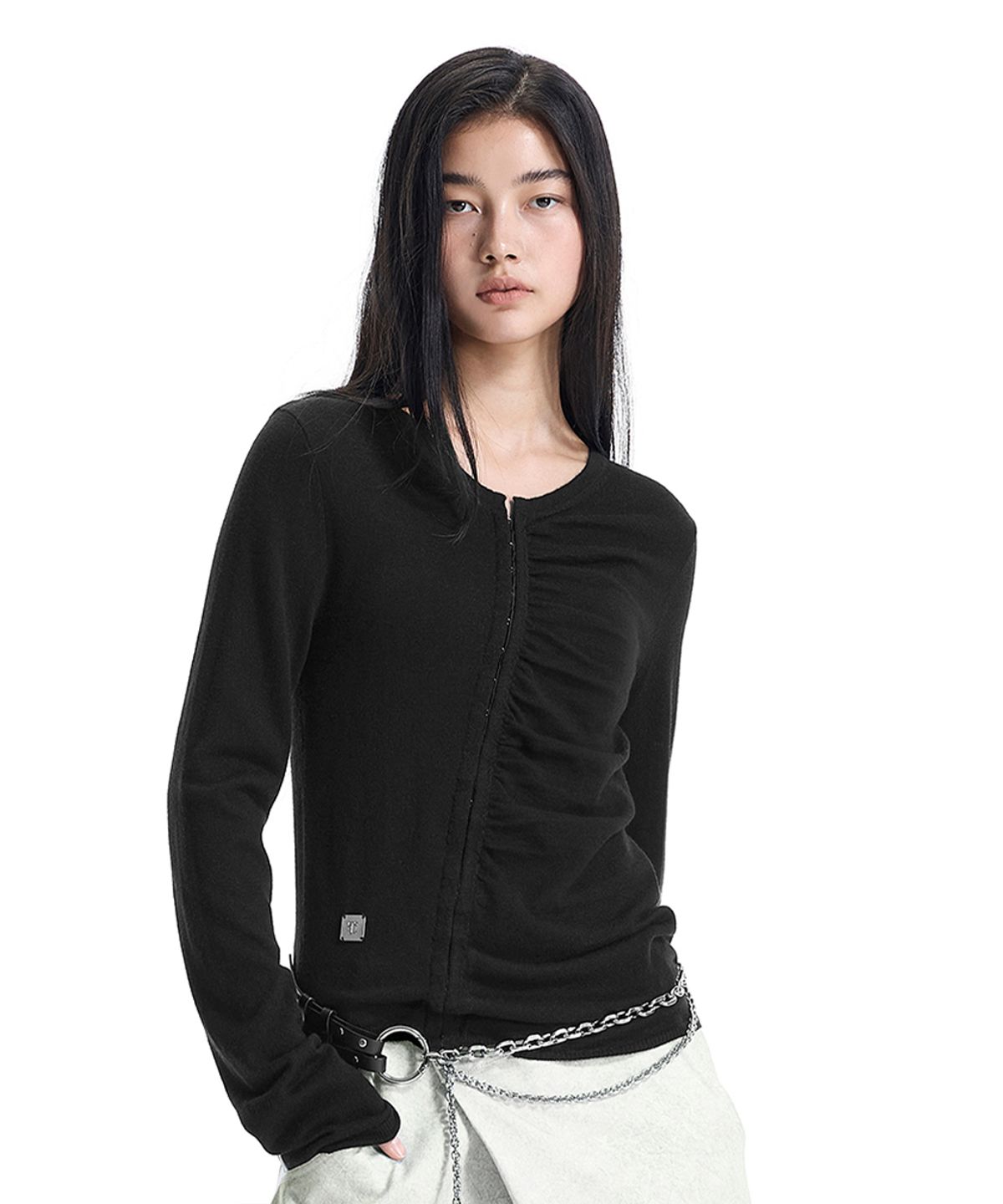 트리밍버드(TREEMINGBIRD) Hook-Detail Shirred Cardigan [ Black ]