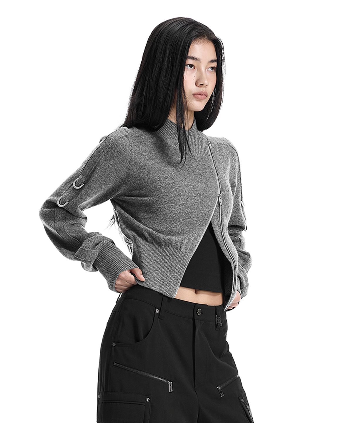 트리밍버드(TREEMINGBIRD) Sleeve D-ring Diagonal Zip Cardigan [ Gray ]