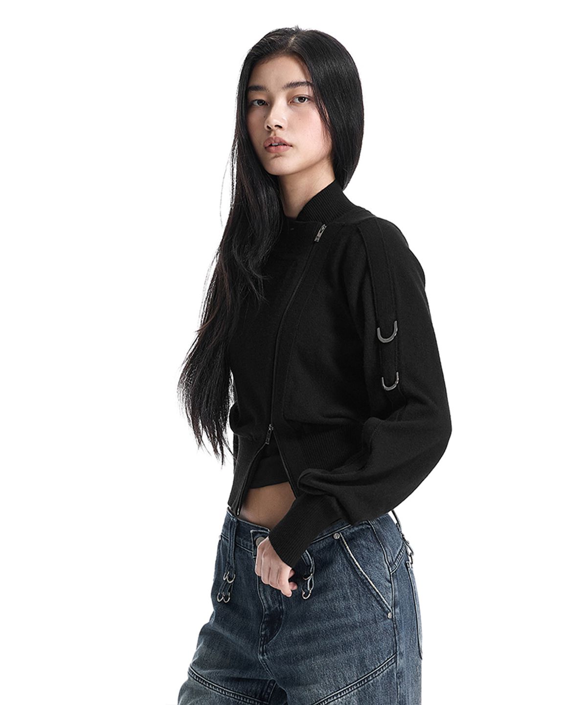 트리밍버드(TREEMINGBIRD) Sleeve D-ring Diagonal Zip Cardigan [ Black ]