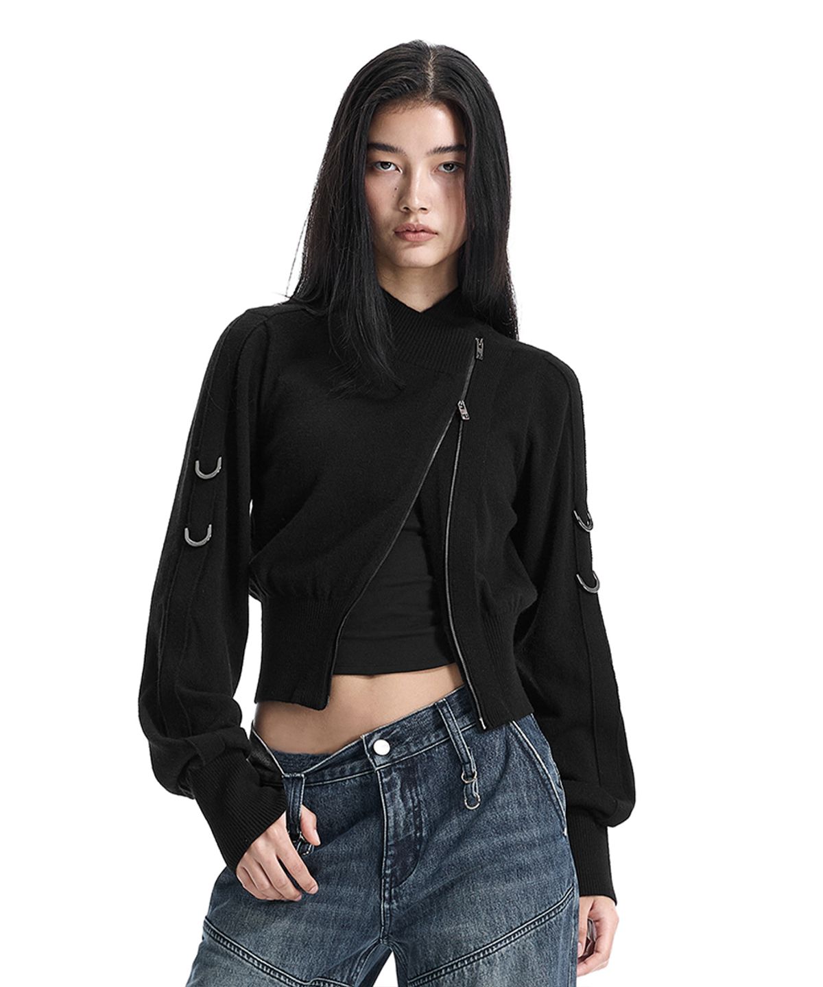 트리밍버드(TREEMINGBIRD) Sleeve D-ring Diagonal Zip Cardigan [ Black ]