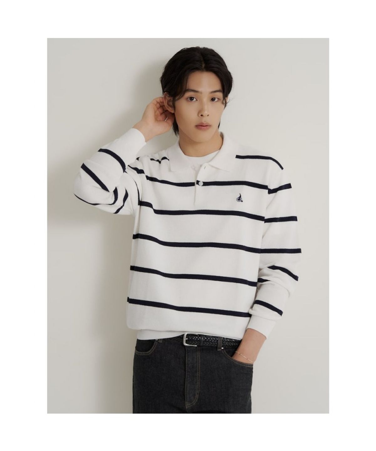 빈폴 멘(BEANPOLE MEN) 코튼 스트라이프 칼라넥 니트  화이트