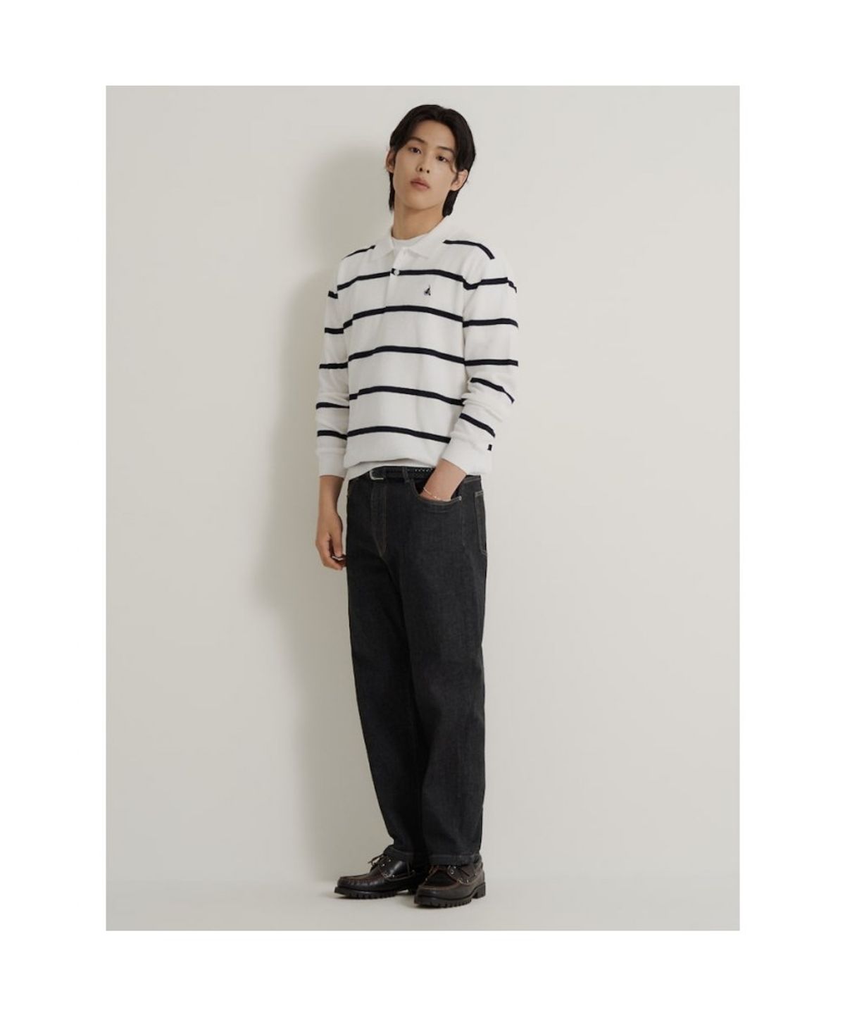 빈폴 멘(BEANPOLE MEN) 코튼 스트라이프 칼라넥 니트  화이트