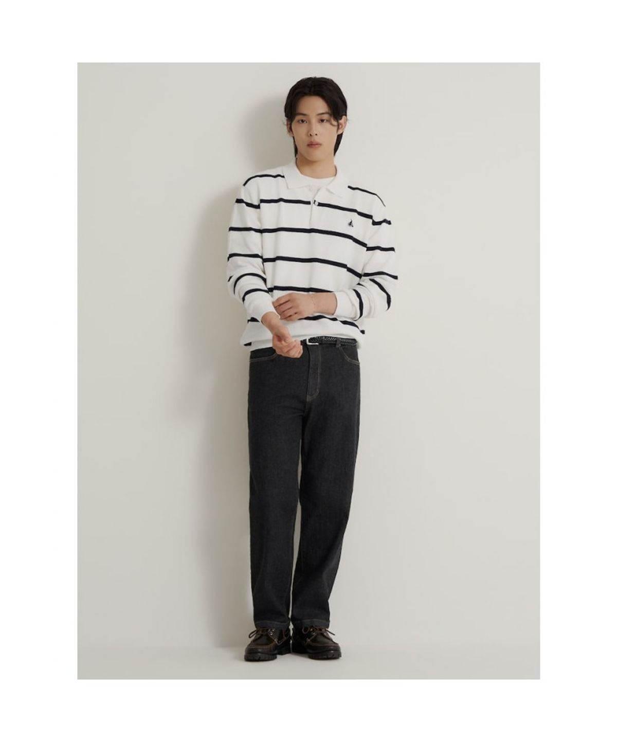 빈폴 멘(BEANPOLE MEN) 코튼 스트라이프 칼라넥 니트  화이트