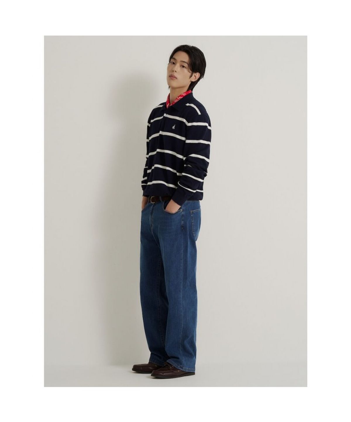 빈폴 멘(BEANPOLE MEN) 코튼 스트라이프 칼라넥 니트  네이비