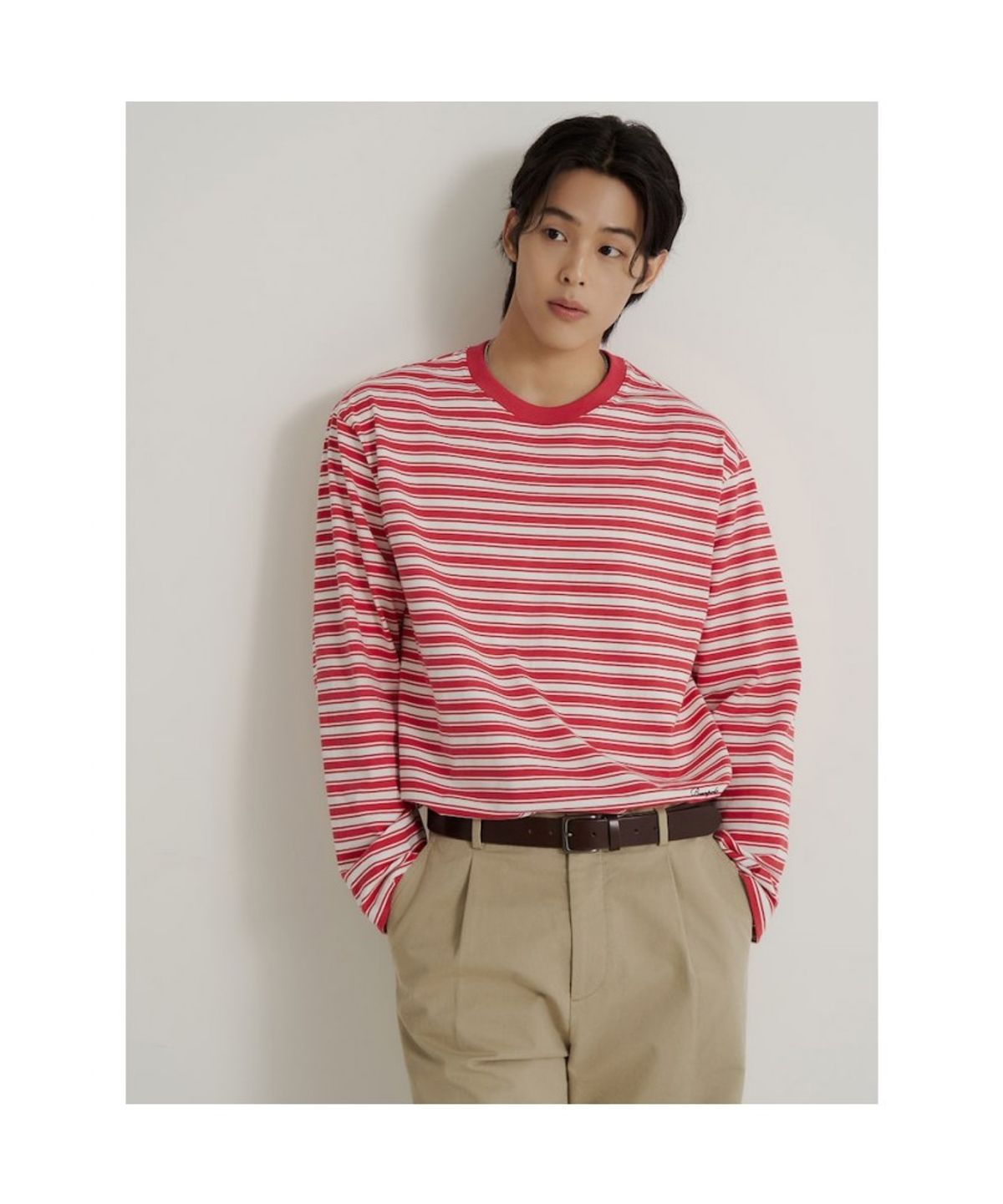빈폴 멘(BEANPOLE MEN) 변형 스트라이프 라운드넥 티셔츠  레드