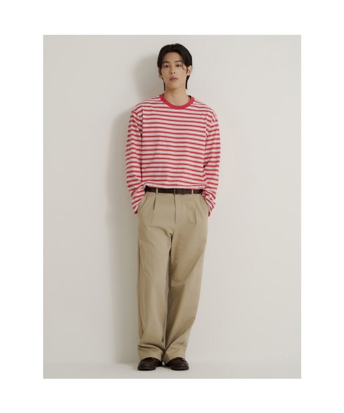 빈폴 멘(BEANPOLE MEN) 변형 스트라이프 라운드넥 티셔츠  레드