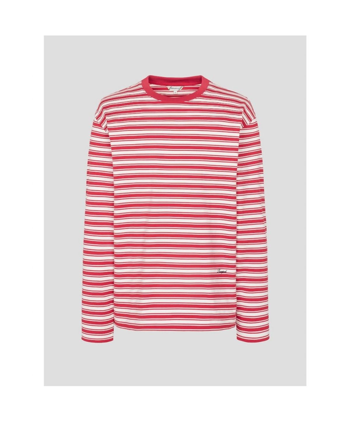 빈폴 멘(BEANPOLE MEN) 변형 스트라이프 라운드넥 티셔츠  레드