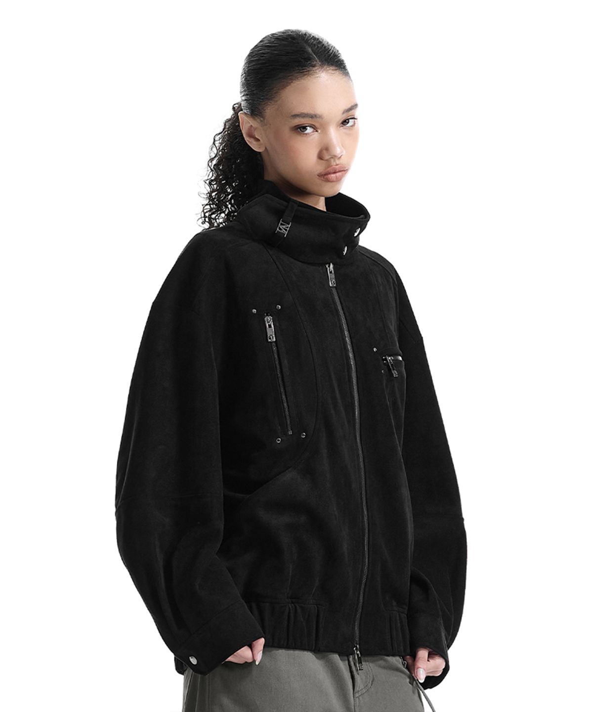 트리밍버드(TREEMINGBIRD) Tie-Detail Suede Jumper [ Black ]